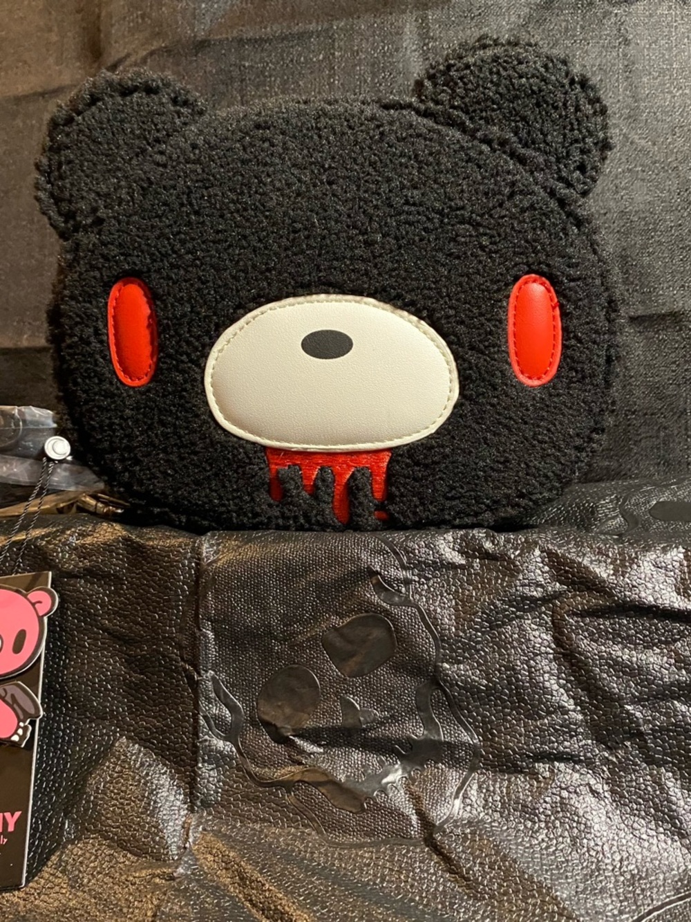 Black Bear Face Crossbody Bag with Red Accents